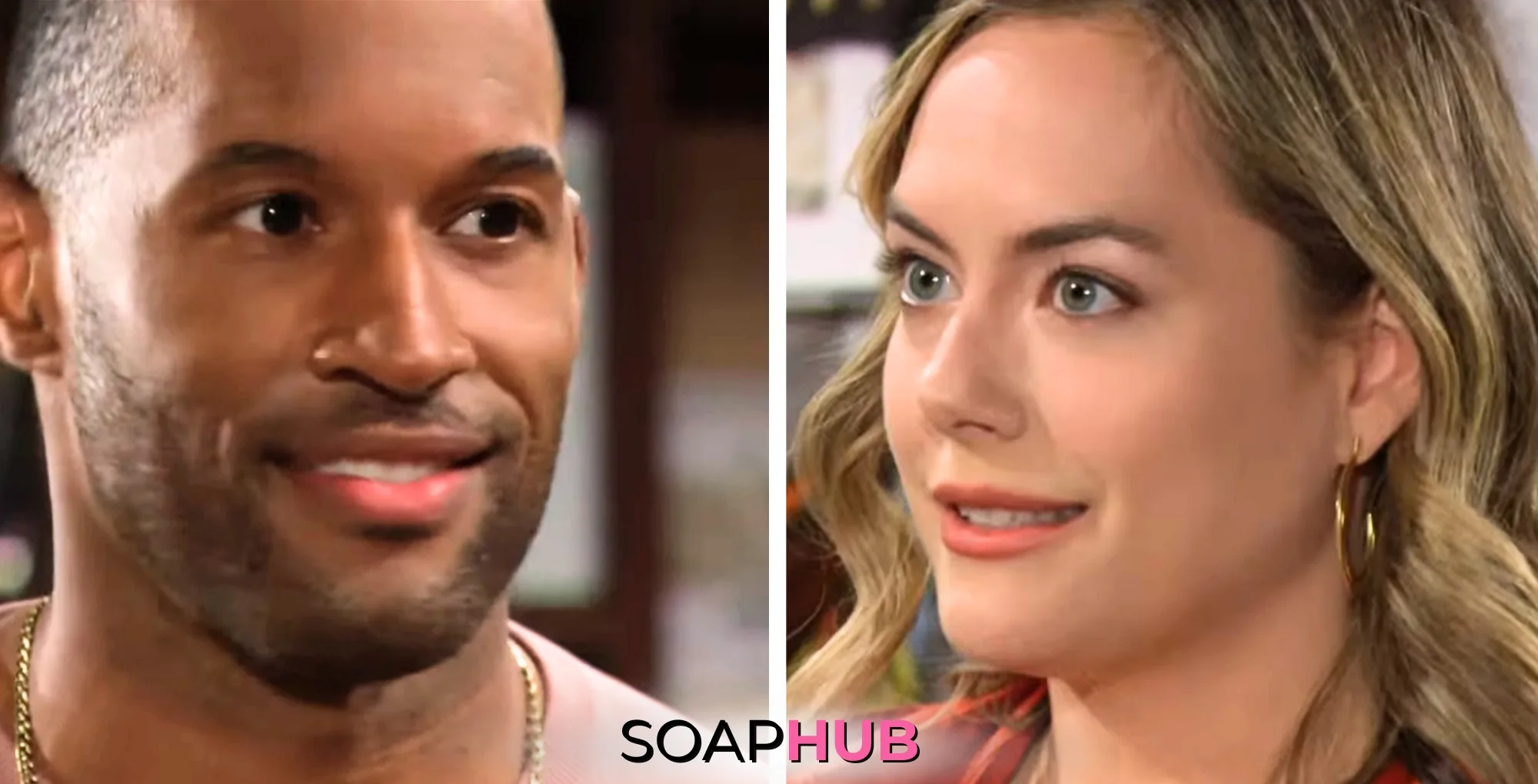 The Bold and the Beautiful characters Carter and Hope; with the SoapHub logo.