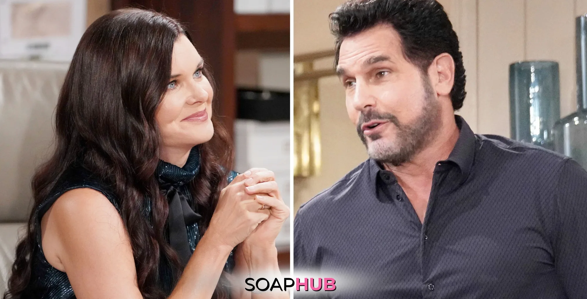 Bold and the Beautiful Spoilers for Wednesday, September 25, Episode 9367 Feature Katie and Bill with the Soap Hub Logo Across the Bottom.