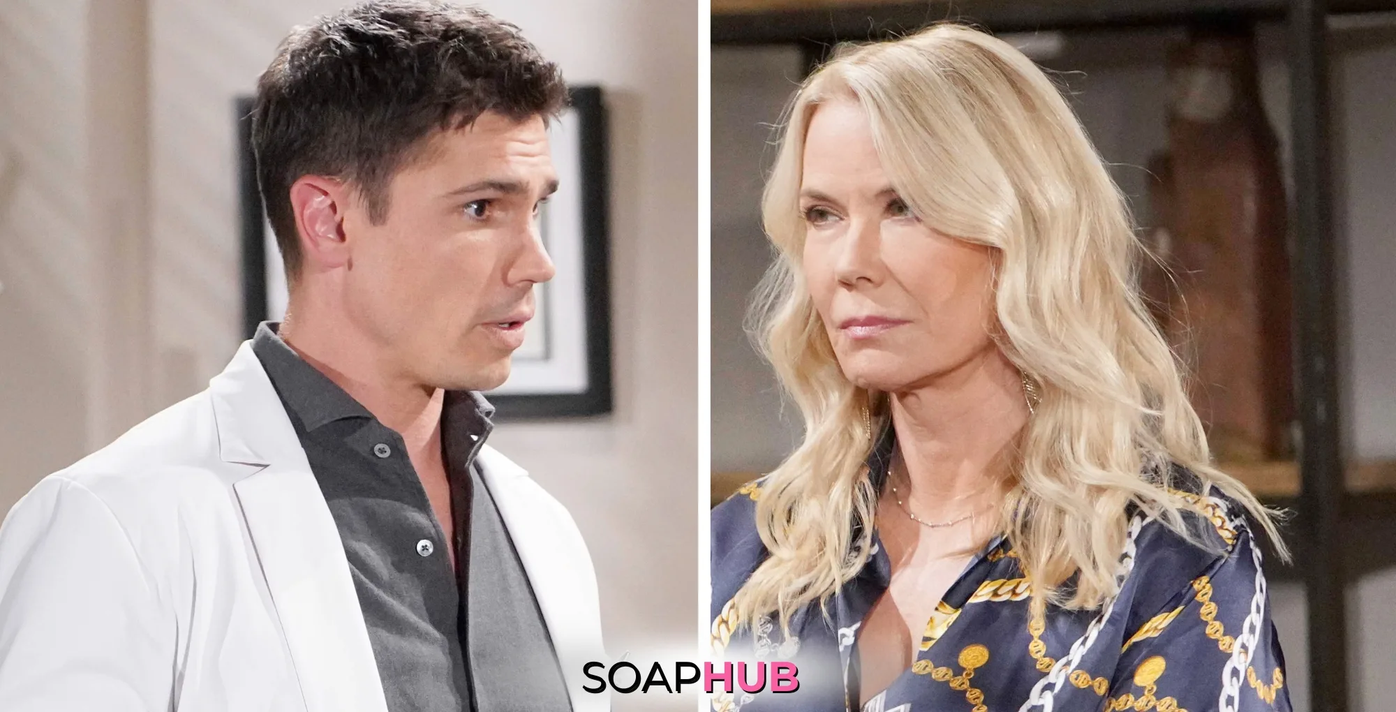 Bold and the Beautiful Spoilers for Wednesday, September 18, Episode 9362 Feature Finn and Brooke with the Soap Hub Logo Across the Bottom.