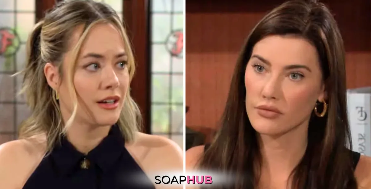 Bold and the Beautiful Spoilers for Monday, September 16, Episode 9360 Feature Hope and Steffy with the Soap Hub Logo Across the Bottom.