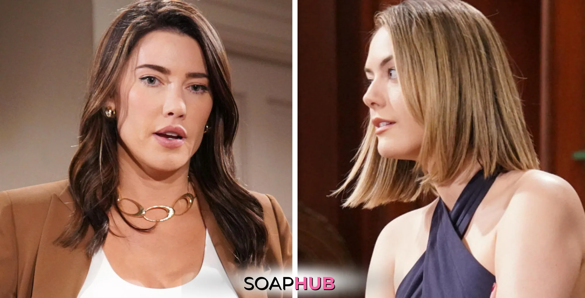 Bold and the Beautiful Spoilers for Thursday, September 26, Episode 9368 Feature Steffy and Hope with the Soap Hub Logo Across the Bottom.