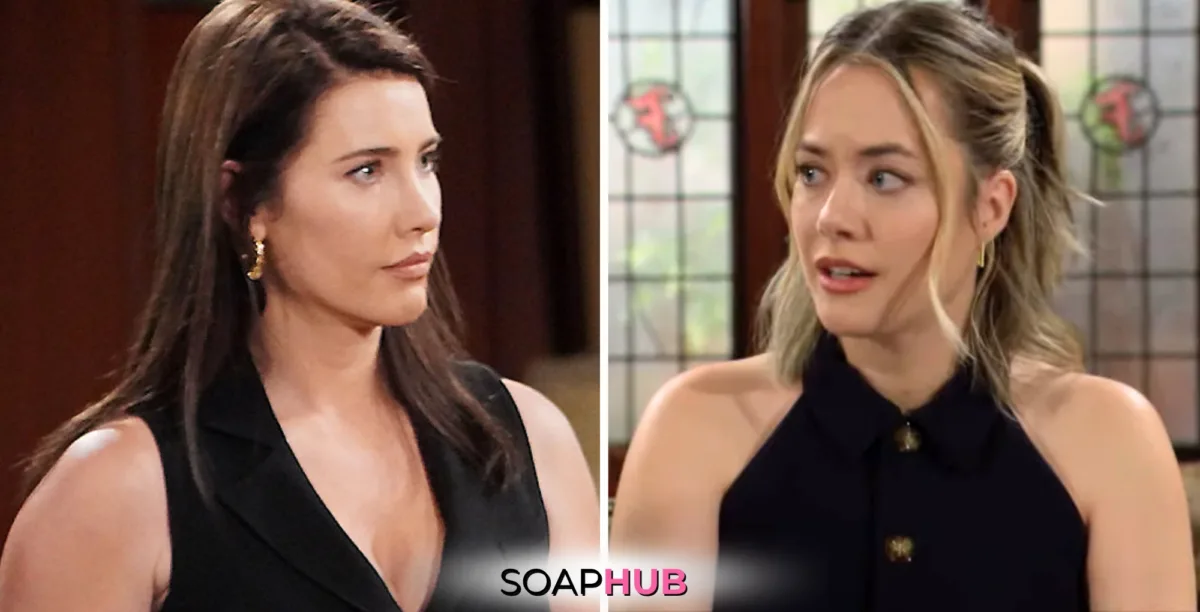 Bold and the Beautiful Spoilers for Tuesday, September 17, Episode 9361 Feature Steffy and Hope with the Soap Hub Logo Across the Bottom.