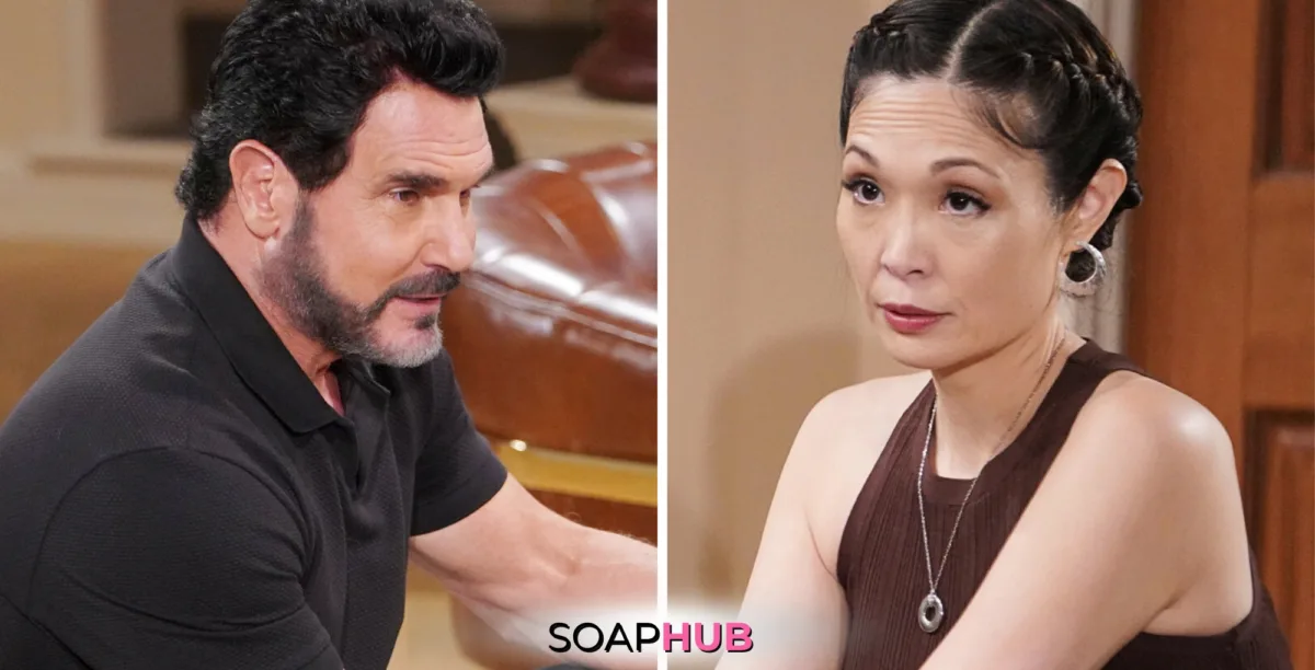 Bold and the Beautiful Spoilers for Tuesday, September 10, Episode 9356 Feature Bill and Poppy with the Soap Hub Logo Across the Bottom.