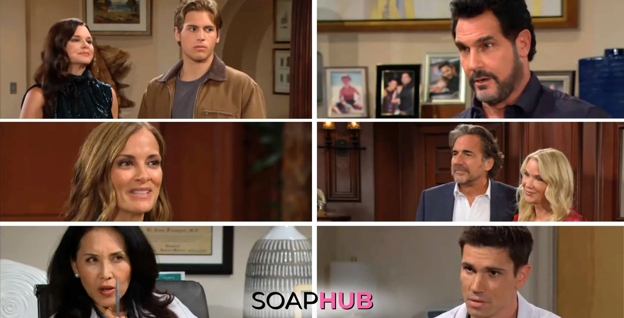 The Bold and the Beautiful spoilers preview featuring Katie, Will, Bill, Taylor, Ridge, Brooke, Li, and Finn; with the Soap Hub logo.