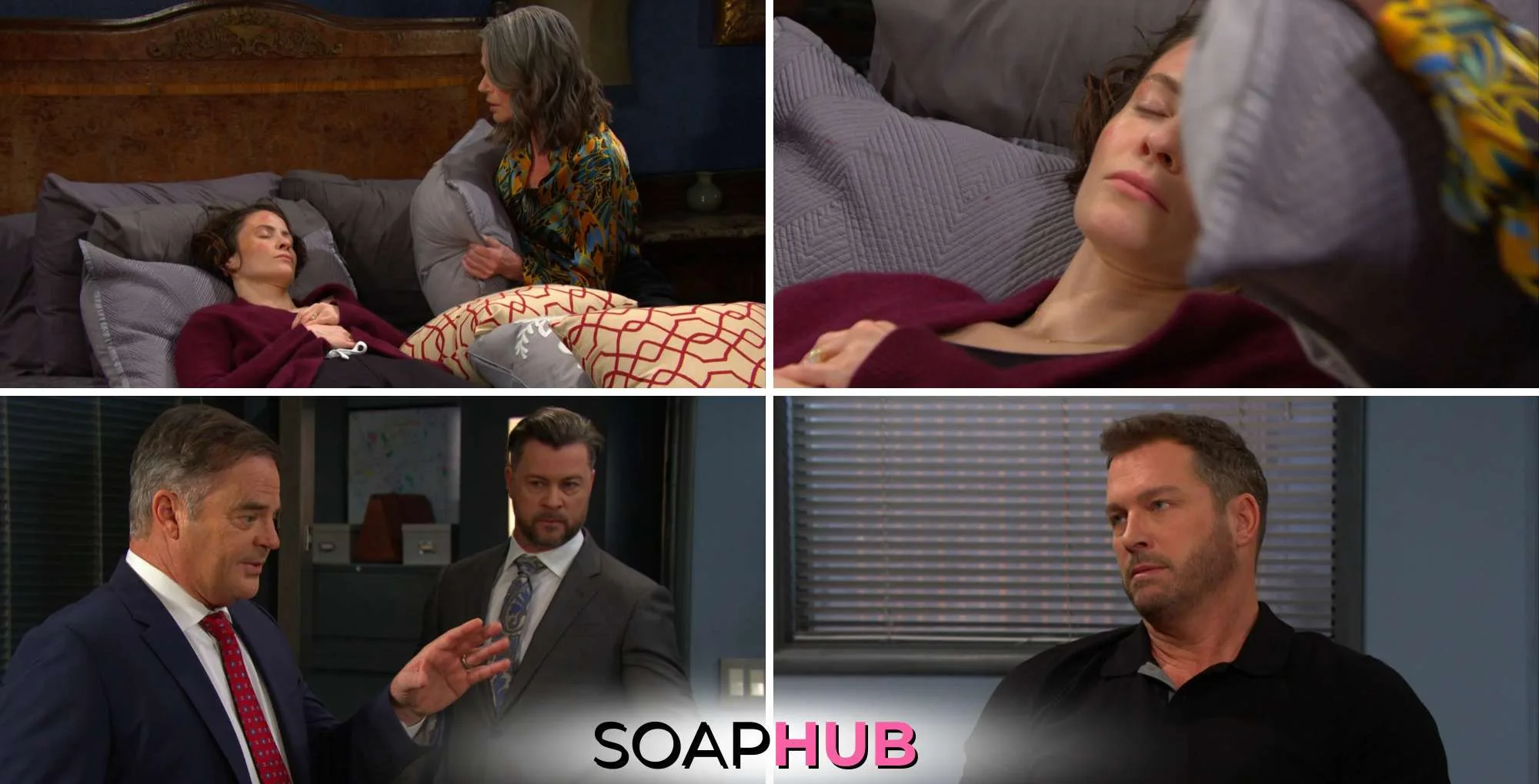 Days of Our Lives' Sarah, Fiona, Justin, EJ, and Brady with the Soap Hub logo across the bottom.