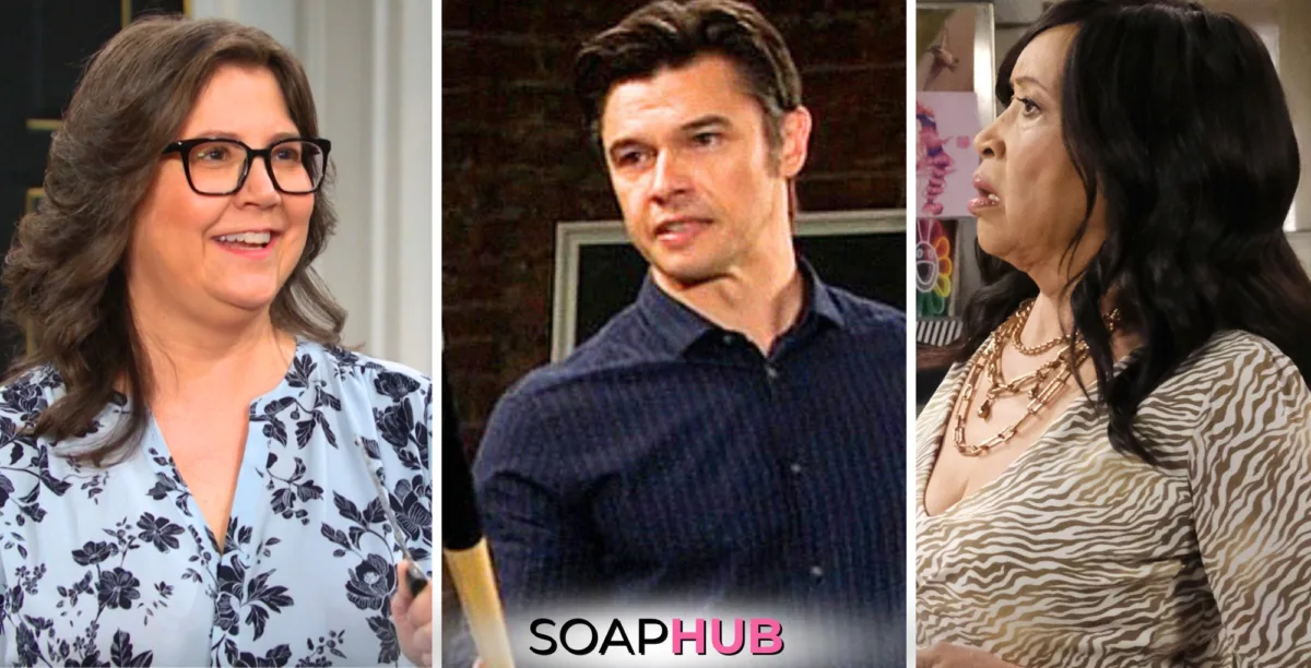 Connie, Xander, and Paulina on Days of our Lives with the Soap Hub logo across the bottom.