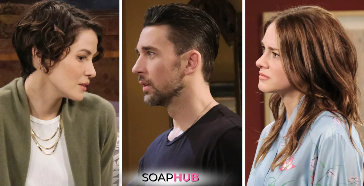 Days of Our Lives Spoilers September 16 Sarah, Chad, Stephanie with the Soap Hub logo.