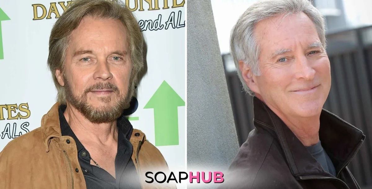 Days of our Lives Stephen Nichols and Drake Hogestyn with the Soap Hub logo.