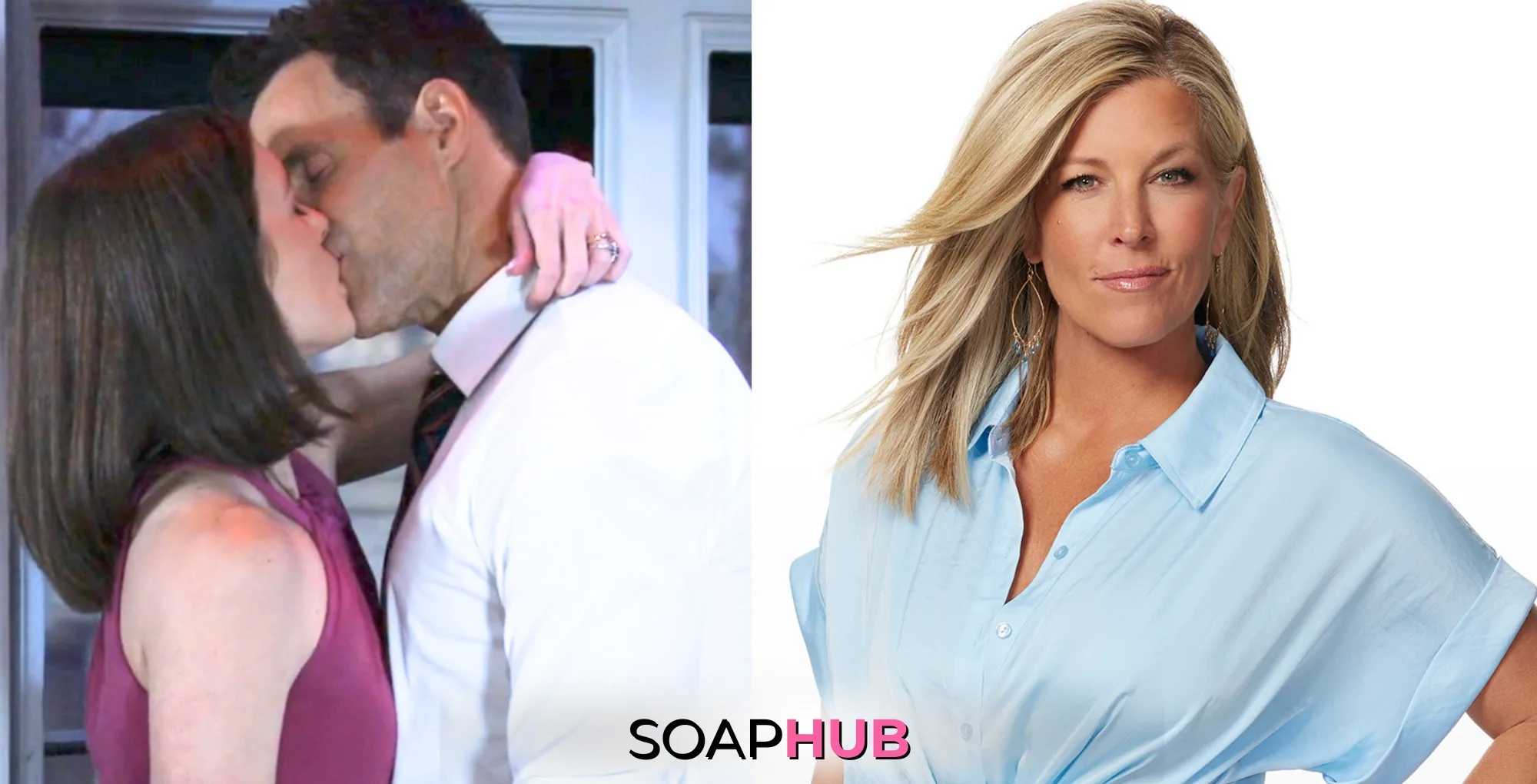 Willow and Drew on General Hospital and Laura Wright with the Soap Hub logo across the bottom.