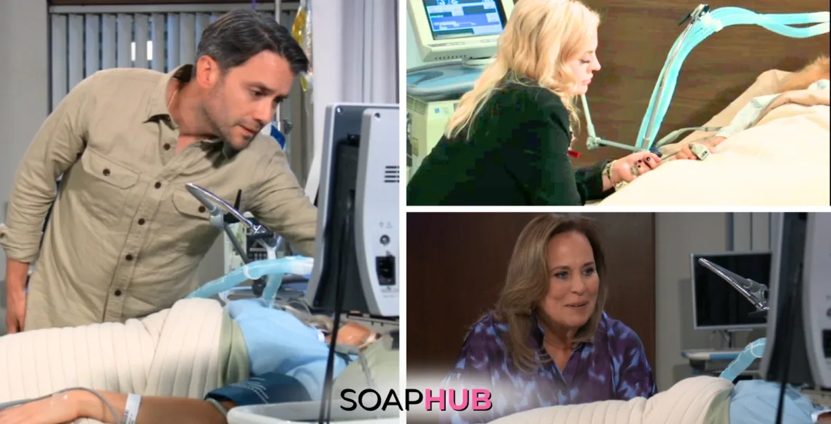 Dante, Laura, and Maxie on General Hospital with the Soap Hub logo across the bottom.