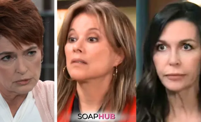 General Hospital spoilers for Monday, September 9, 2024, featuring Diane, Alexis, and Anna, complete with the Soap Hub logo