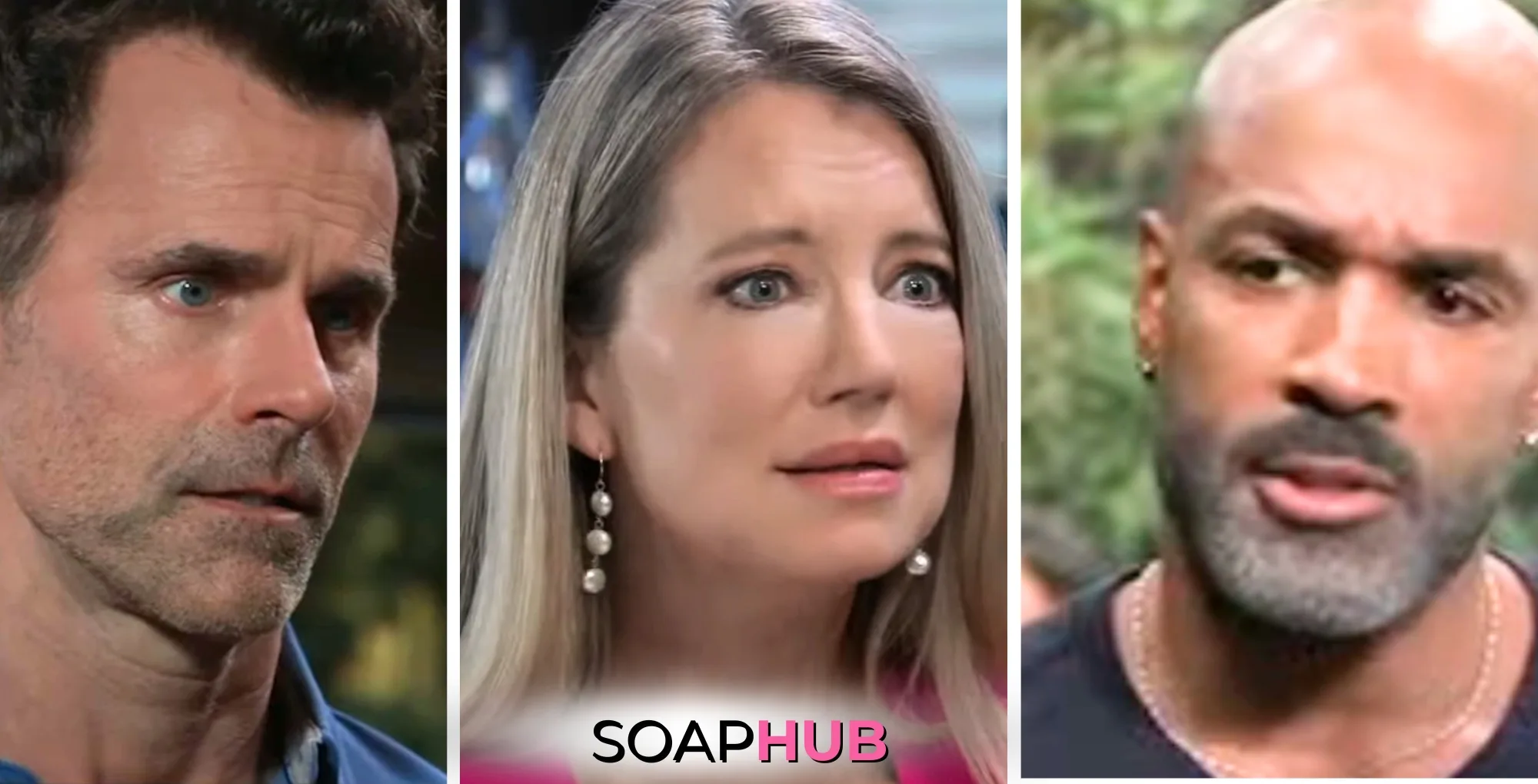 General Hospital spoilers for Monday, September 30, 2024, featuring Drew, Nina, and Curtis, with the Soap Hub logo