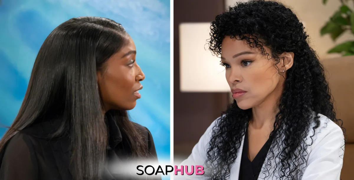 General Hospital spoilers for Wednesday, September 18, 2024, featuring Portia and Trina, complete with the Soap Hub logo