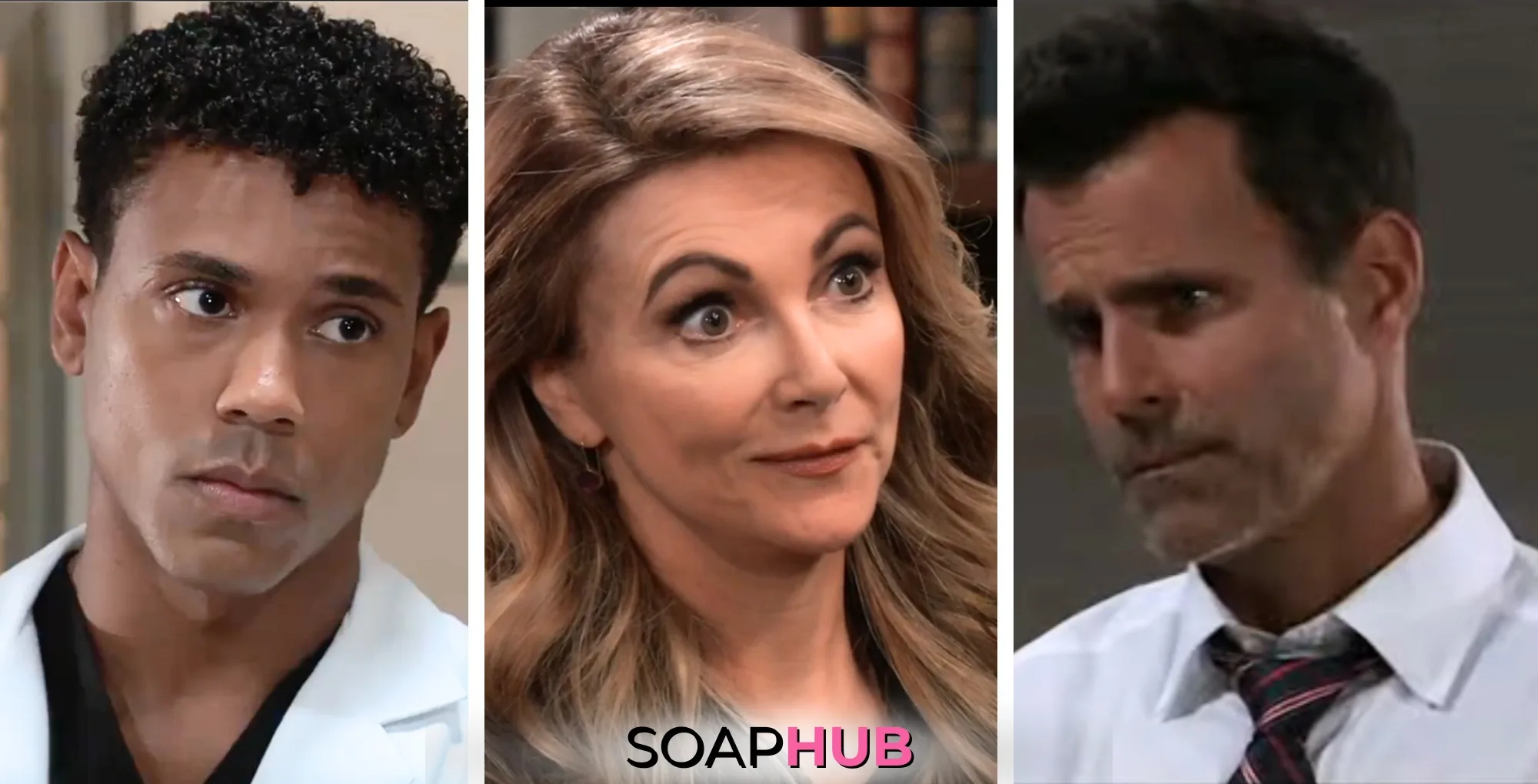 TJ, Holly, and Drew on General Hospital with the Soap Hub logo across the bottom.