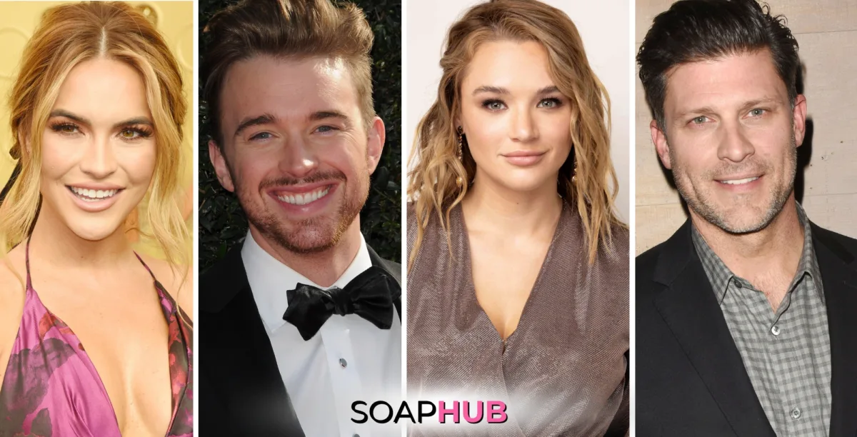 Chrishell Stause, Chandler Massey, Hunter King, and Greg Vaughan with the Soap Hub logo across the bottom.