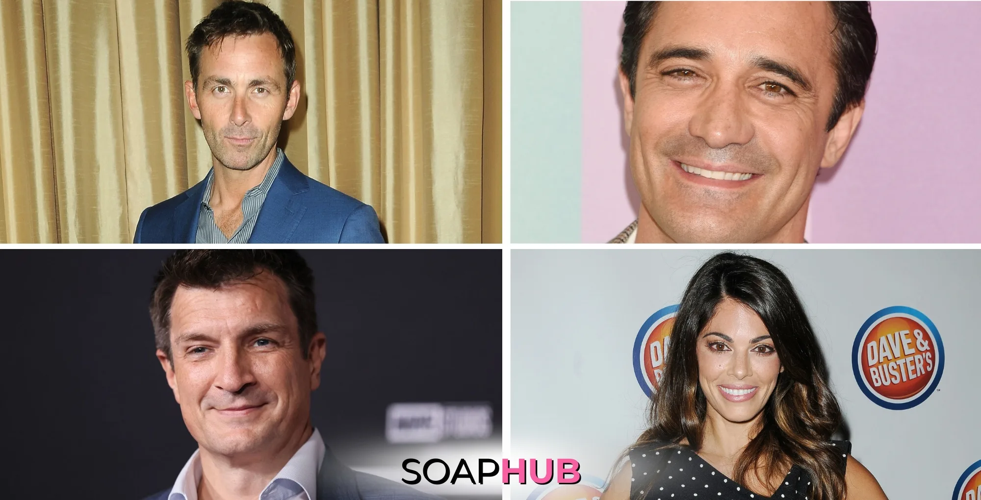 James Patrick Stuart, Gilles Marini, Nathan Fillion, and Lindsay Hartley with the Soap Hub logo across the bottom.