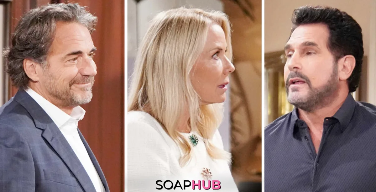 Weekly Bold and the Beautiful Spoilers September 30-October 4 Feature Ridge, Brooke and Bill with the Soap Hub Logo Across the Bottom.