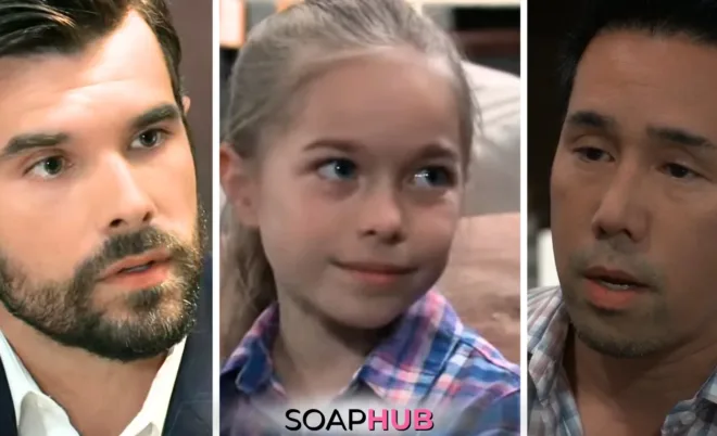 Chase, Violet, and Brad on General Hospital with the Soap Hub logo across the bottom.