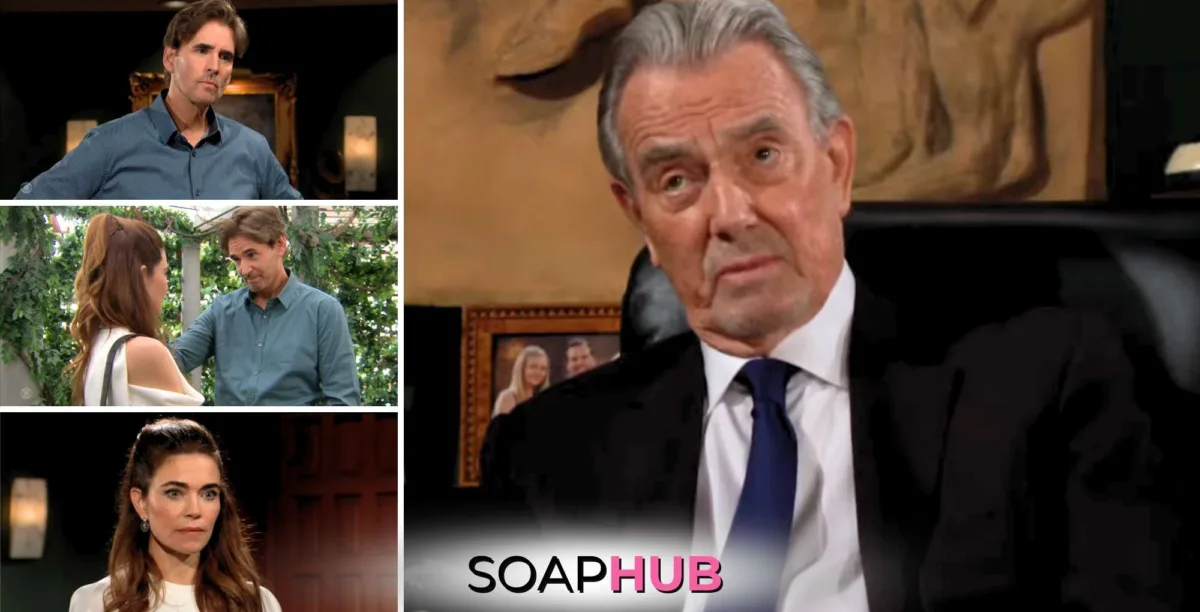 Young and the Restless September 18 Victor, Cole, and Victoria with the Soap Hub logo.