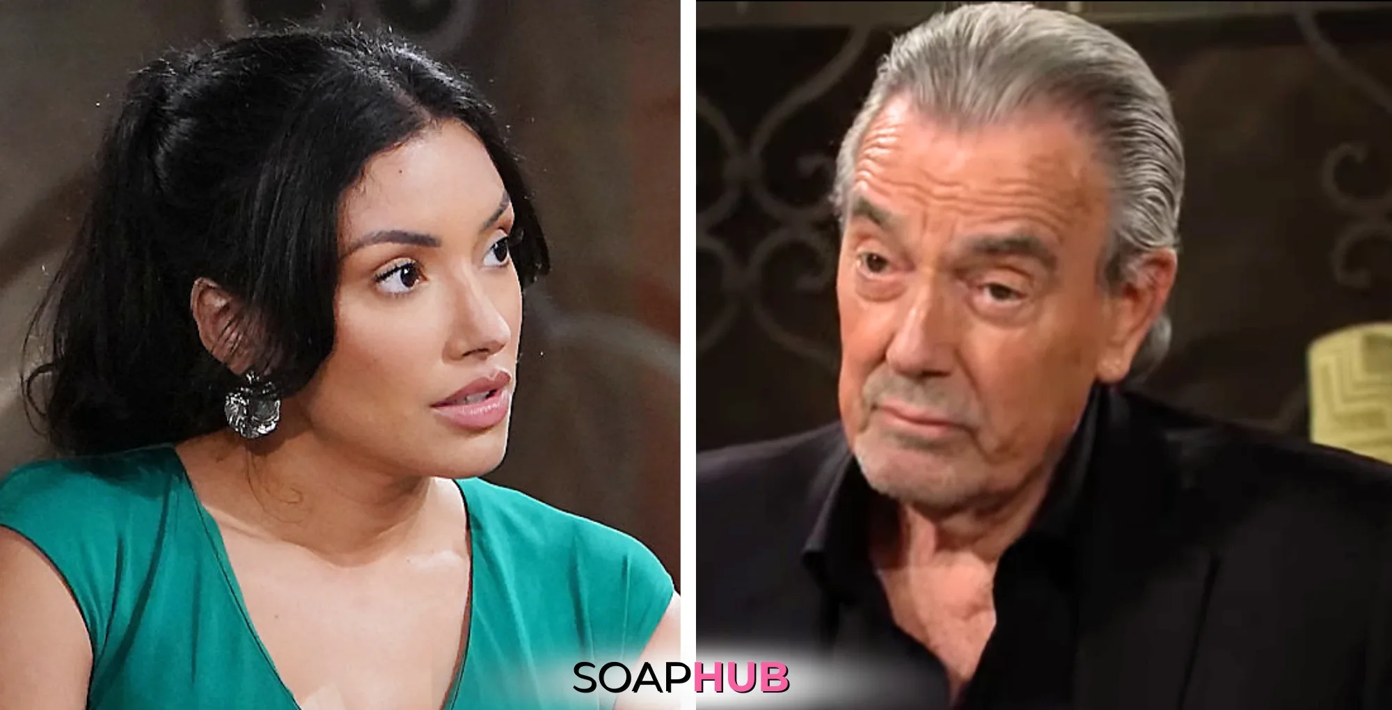 Young and Restless Spoilers September 12 Audra and Victor with the Soap Hub logo.