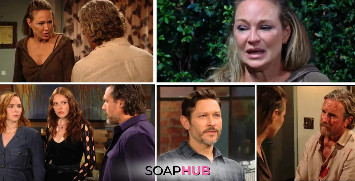 The Young and the Restless spoilers video preview for September 23-27 featuring Sharon, Cameron, Mariah, Tessa, Nick, and Daniel; with Soap Hub logo.