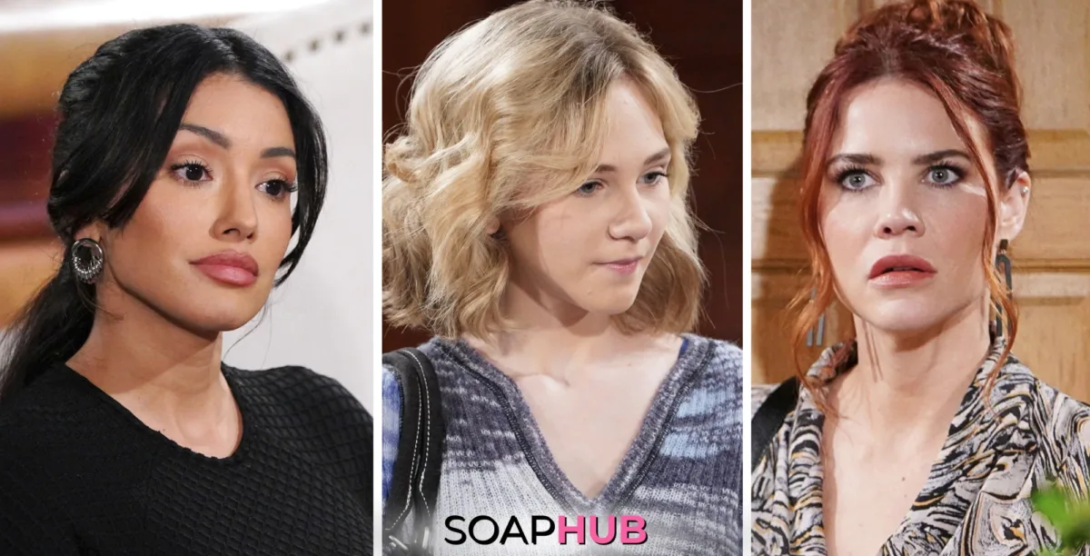 Young and the Restless Spoilers Weekly Update September 9-13: Audra, Sally, and Lucy with the Soap Hub logo.