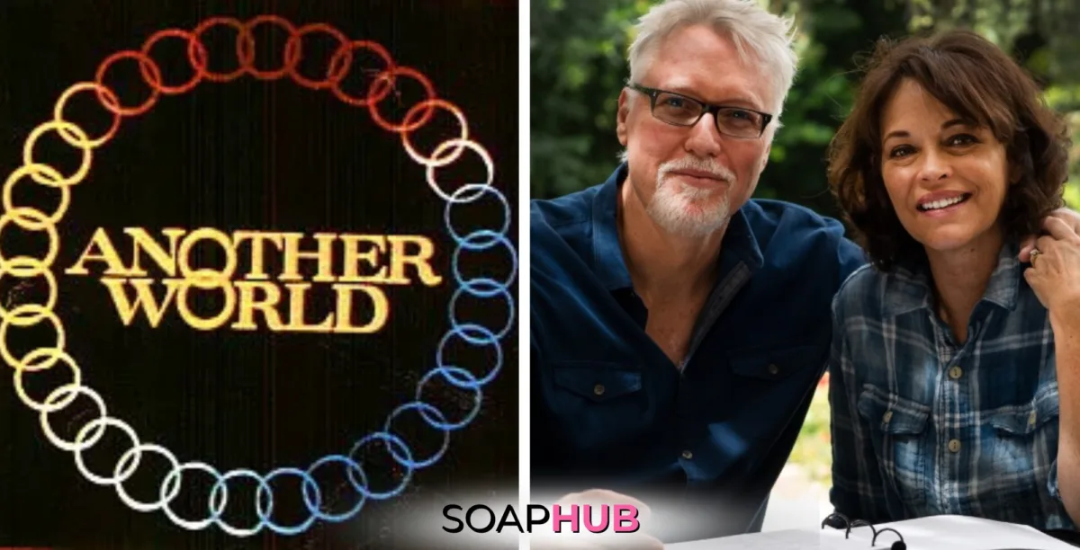 Image of Another World key art and an image of AW alums Mary Page Keller and Thomas Ian Griffith, with Soap Hub Logo