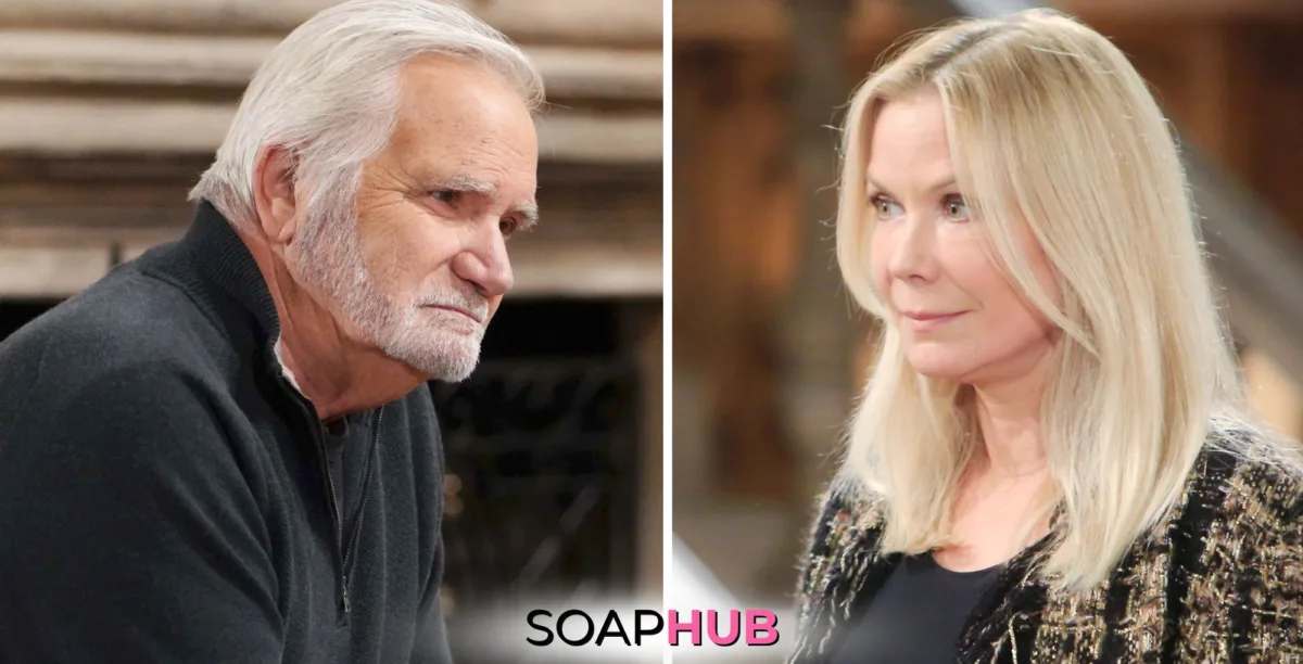 The Bold and the Beautiful characters Eric and Brooke; with the Soap Hub logo.