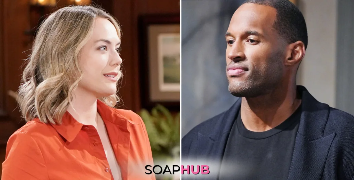 The Bold and the Beautiful characters Hope and Carter; with the Soap Hub logo.