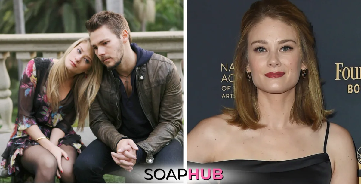 The Bold and the Beautiful characters Hope and Liam, and actress Kim Matula; with the Soap Hub logo.