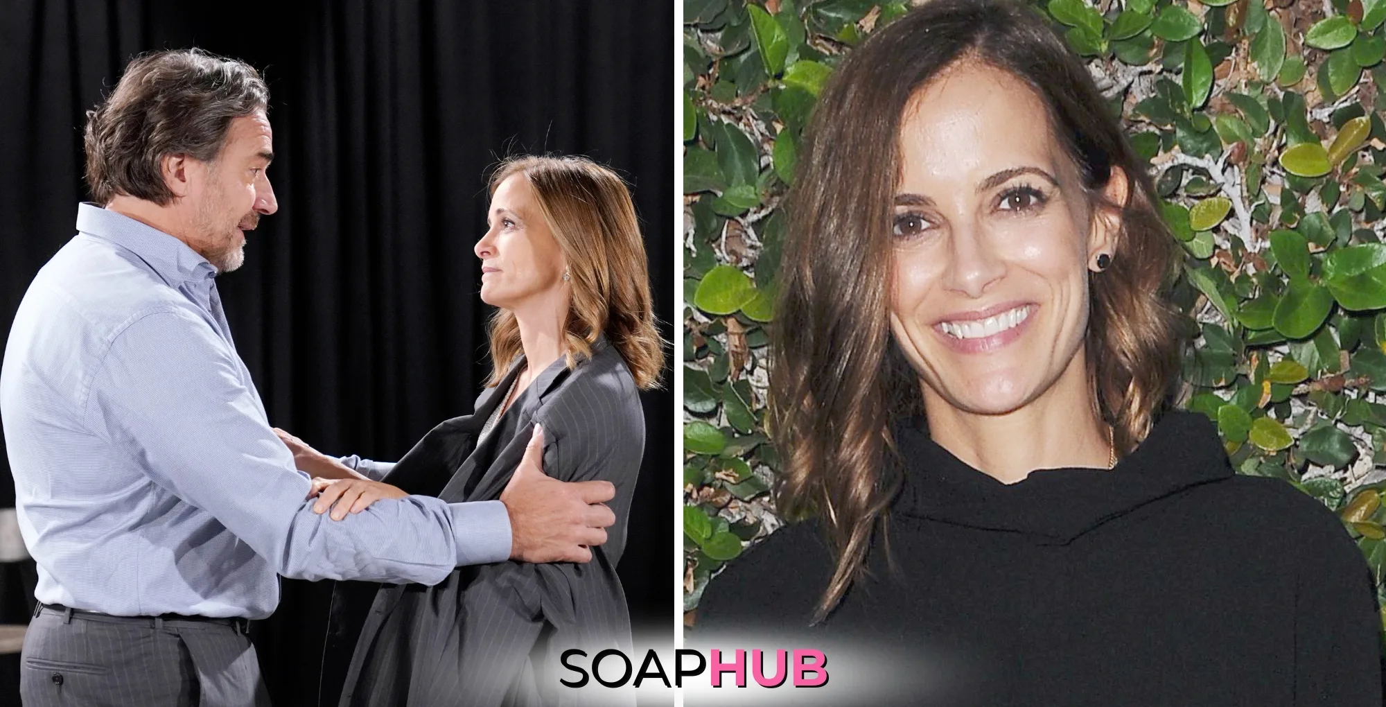 The Bold and the Beautiful characters Ridge and Taylor; and actress Rebecca Budig with the Soap Hub logo.