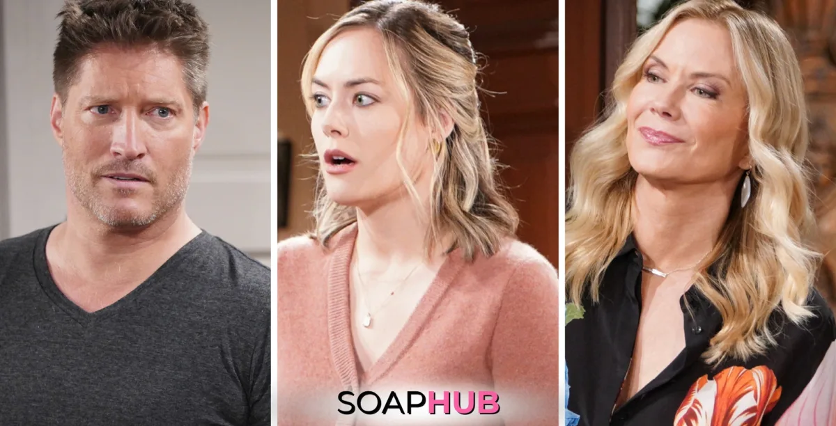 Image of Bold and Beautiful's Deacon, Hope, and Brooke with Soap Hub logo.