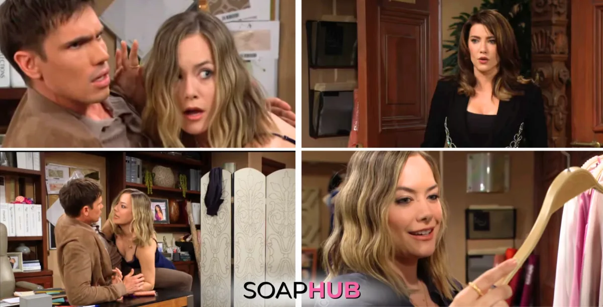 Images of Bold and Beautiful's Finn, Hope, and Steffy with the Soap Hub logo.