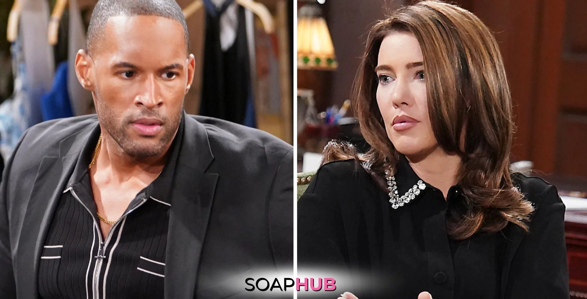 Bold and the Beautiful Spoilers for Thursday, October 31, Episode 9393 Feature Carter and Steffy with the Soap Hub Logo Across the Bottom.