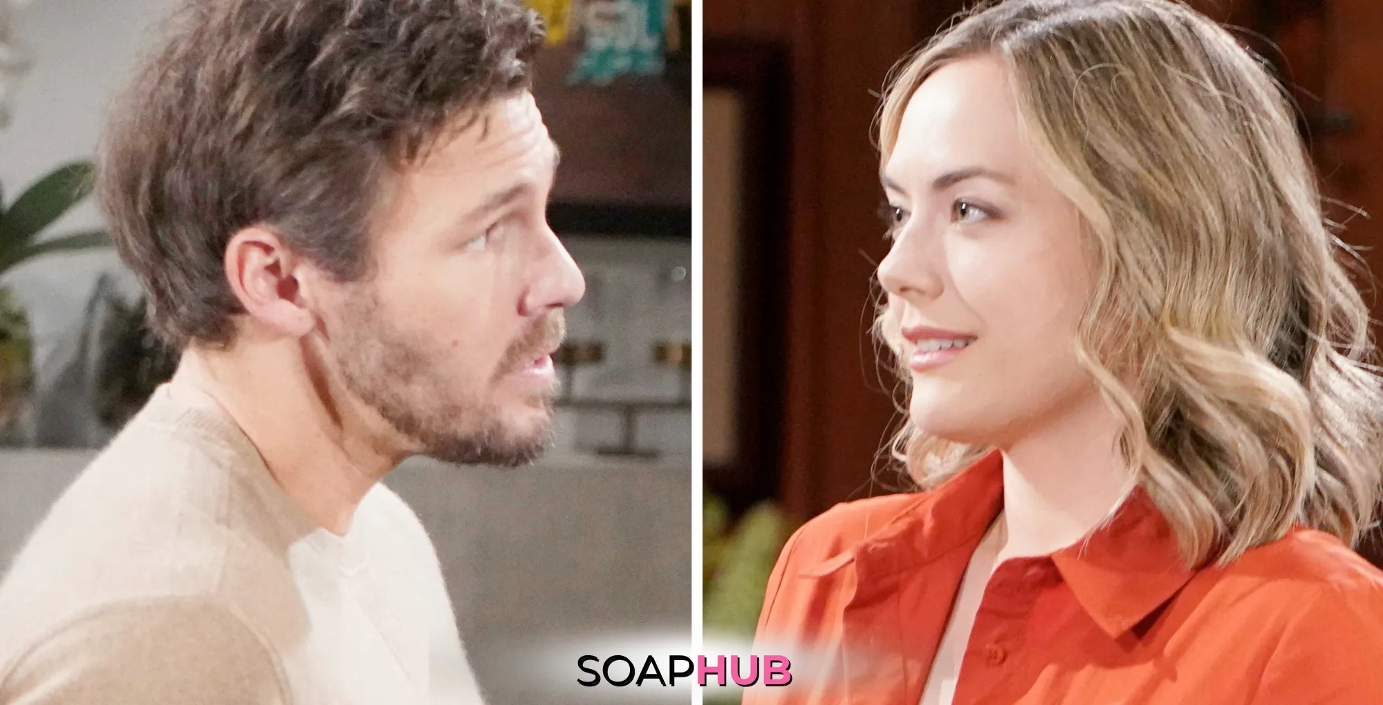 Bold and the Beautiful Spoilers for Wednesday, October 9, Episode 9377 Feature Liam and Hope with the Soap Hub Logo Across the Bottom.