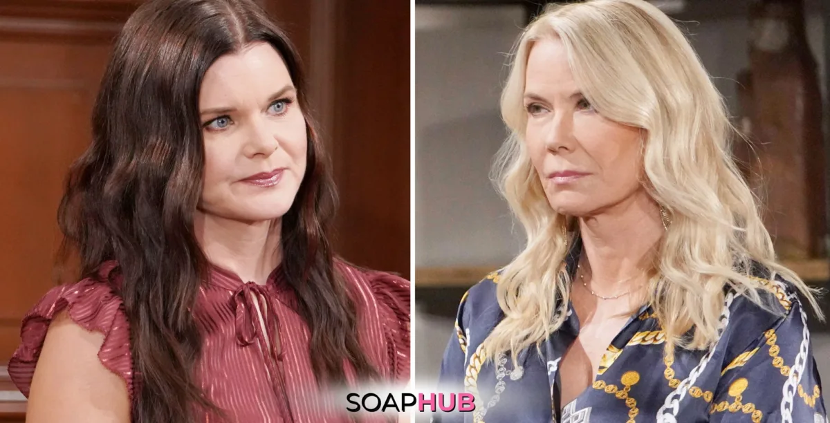 Bold and the Beautiful Spoilers for Friday, September 4, Episode 9374 Feature Katie and Brooke with the Soap Hub Logo Across the Bottom.