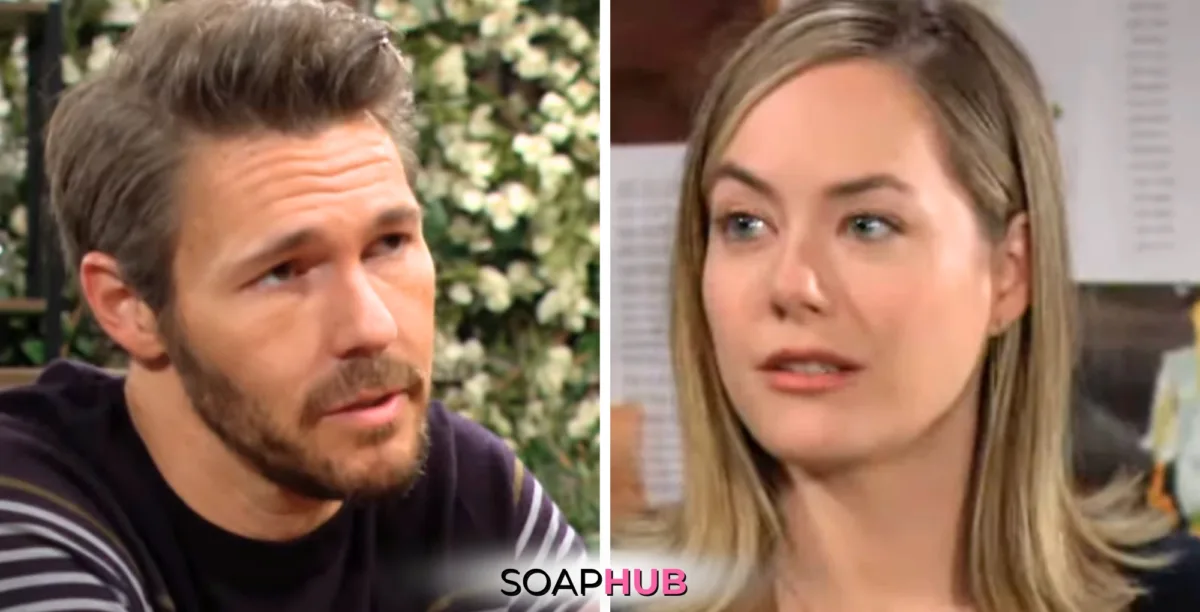 Bold and the Beautiful Spoilers for Thursday, October 10, Episode 9378 Feature Liam and Hope with the Soap Hub Logo Across the Bottom.