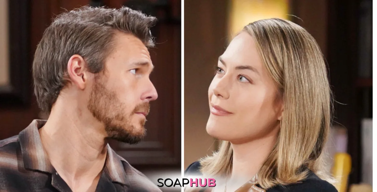 Bold and the Beautiful Spoilers for Wednesday, October 16, Episode 9382 Feature Liam and Hope with the Soap Hub Logo Across the Bottom.