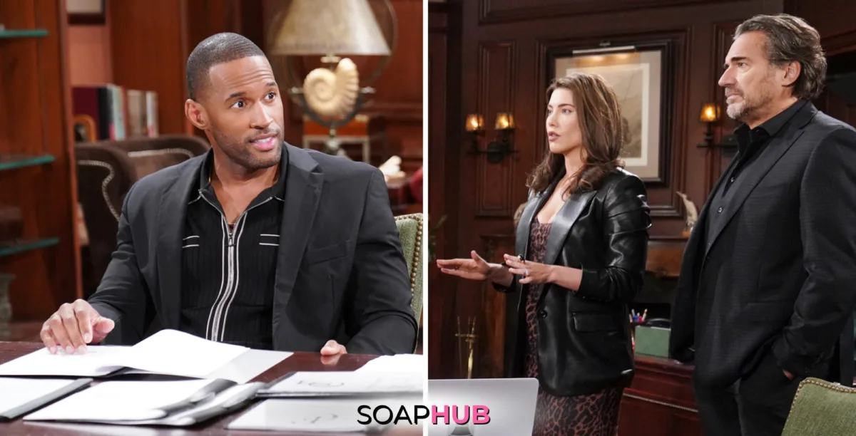 Bold and the Beautiful Spoilers for Monday, October 28, Episode 9390 Feature Carter, Steffy and Ridge with the Soap Hub Logo Across the Bottom.