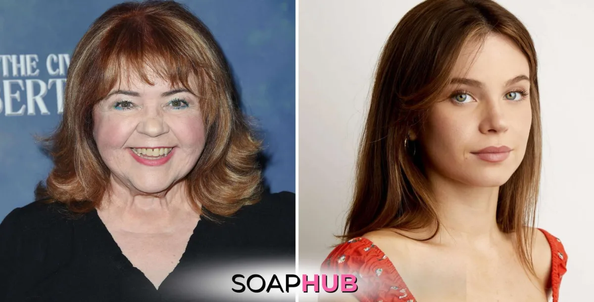 Days of our Lives Patrika Darbo and AlexAnne Hopkins with the Soap Hub logo.