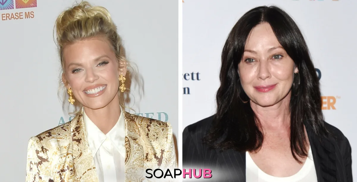 Days Of Our Lives AnnaLynne McCord and Shannen Doherty with the Soap Hub logo.