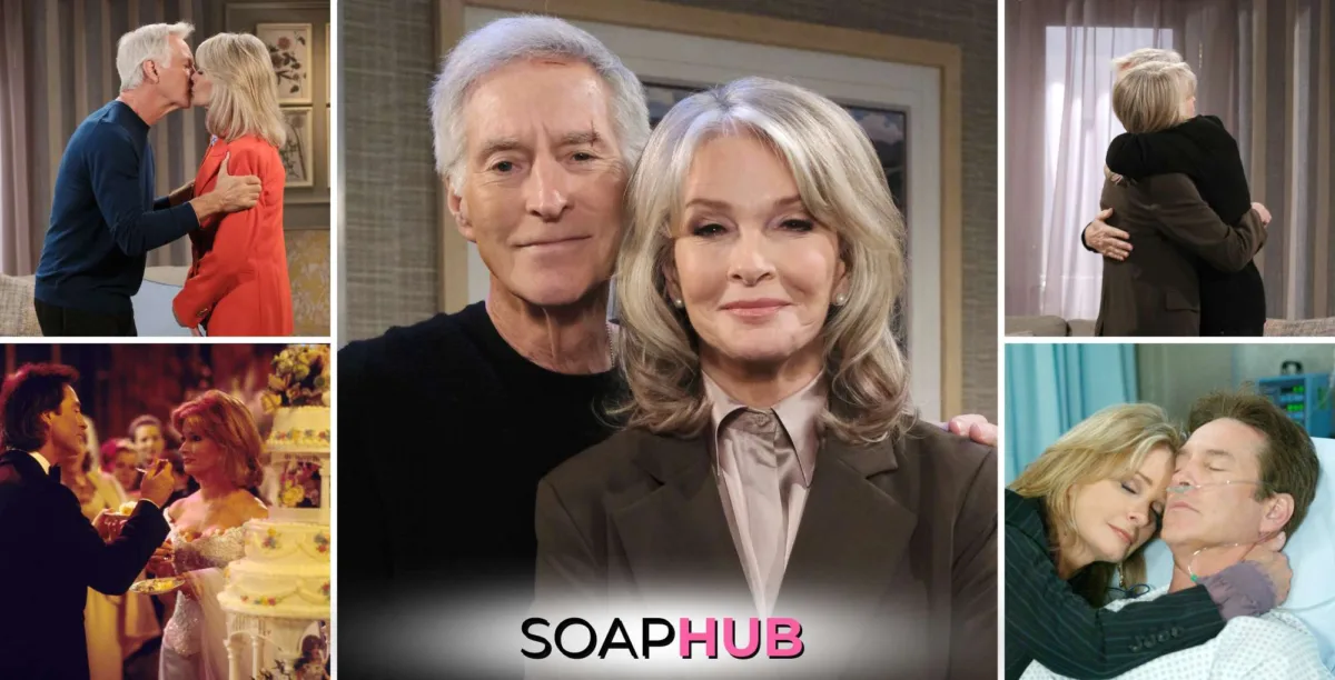 Days of our Lives Deidre Hall, Drake Hogestyn, John, Marlena with the Soap Hub logo.