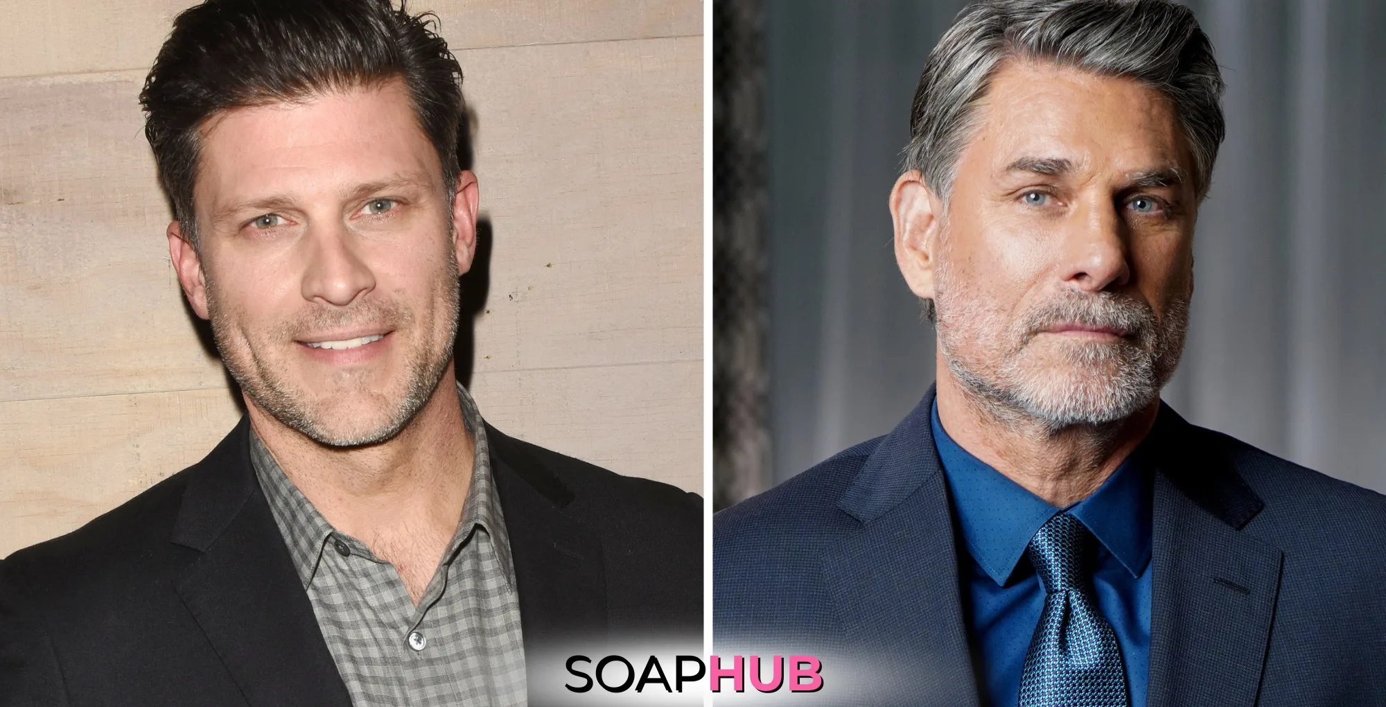 Days of Our Lives' Greg Vaughan and Young and the Restless' James Hyde with the Soap Hub logo across the bottom.