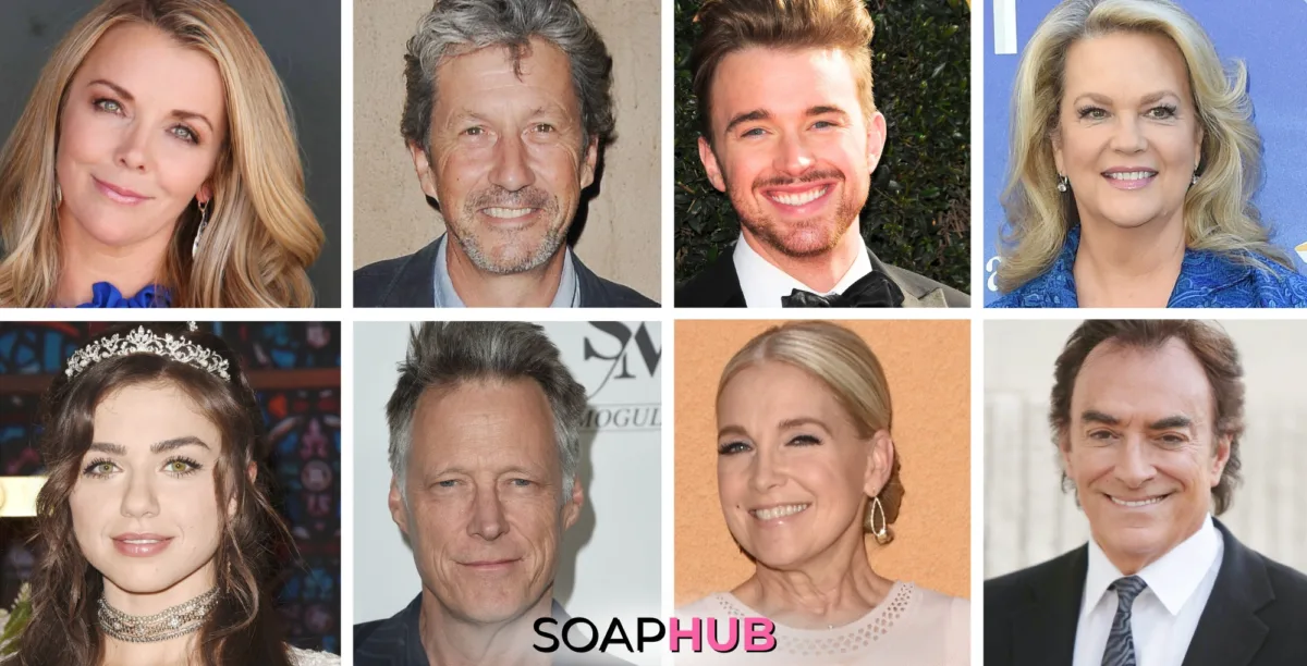 Days of our Lives Melissa Reeves, Charles Shaughnessy, Victoria Konefal, Matthew Ashford, Christie Clark, Leann Hunley, Chandler Massey, and Thaao Penghlis with the Soap Hub logo.