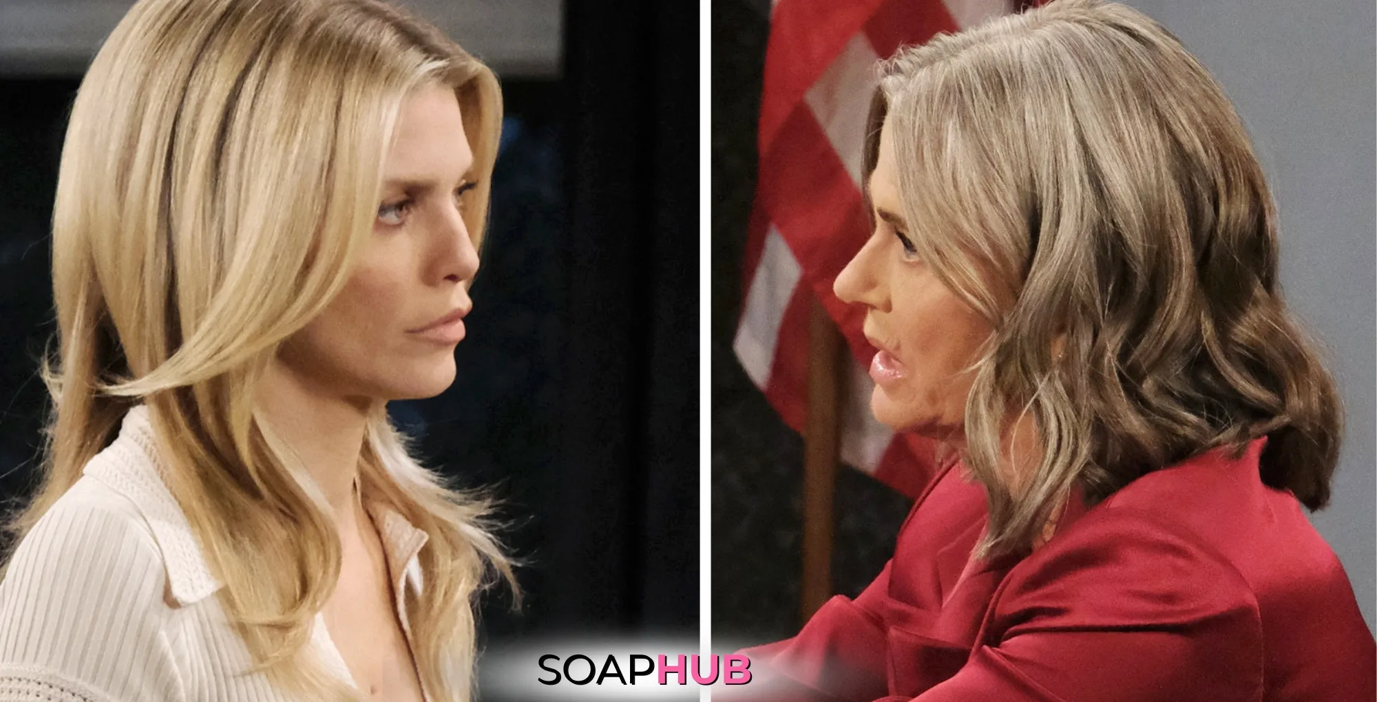 Days of Our Lives Spoilers October 14 Fauxbigail and Fiona with the Soap Hub logo.