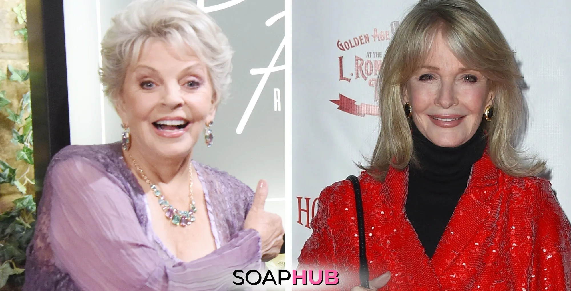 Image of Days of Our Lives's Susan Hayes and Deidre Hall with Soap Hub logo.