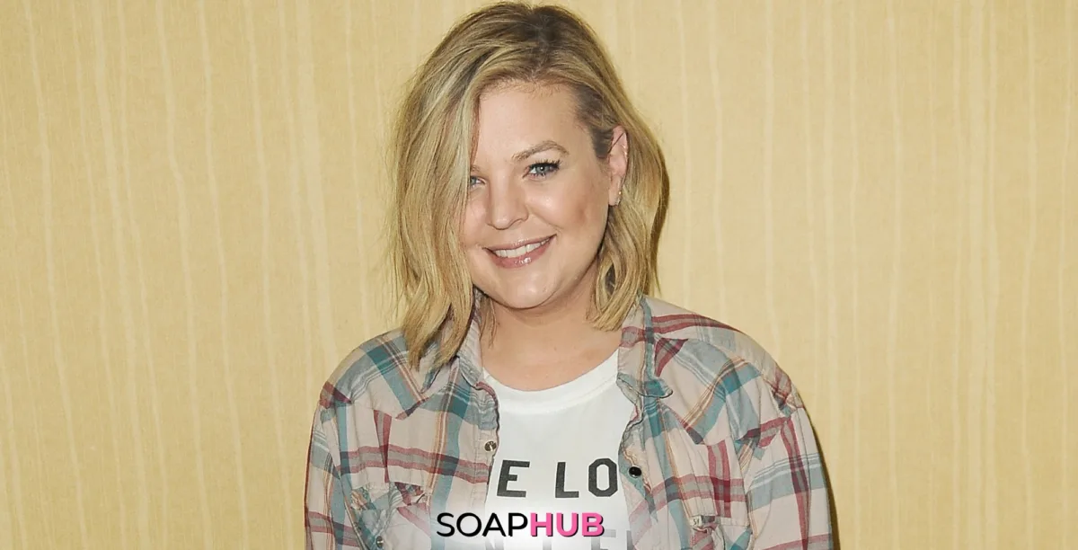 General Hospital's Kirsten Storms with the Soap Hub logo.