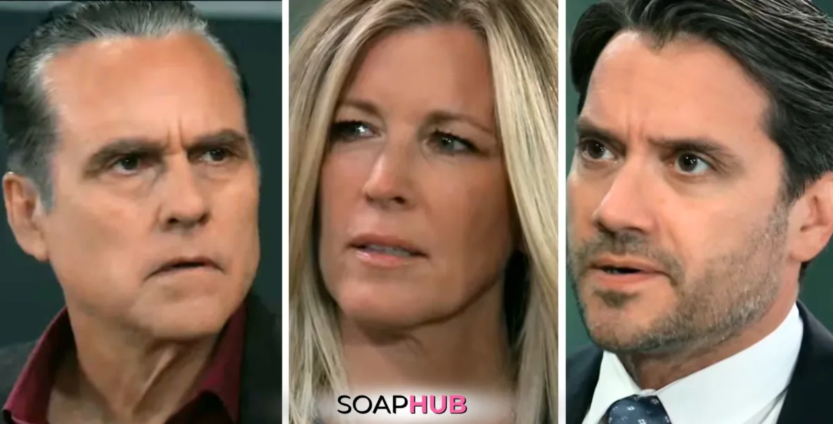 Sonny, Carly, and Dante on the October 11, 2024 episode of General Hospital with the Soap Hub logo across the bottom.