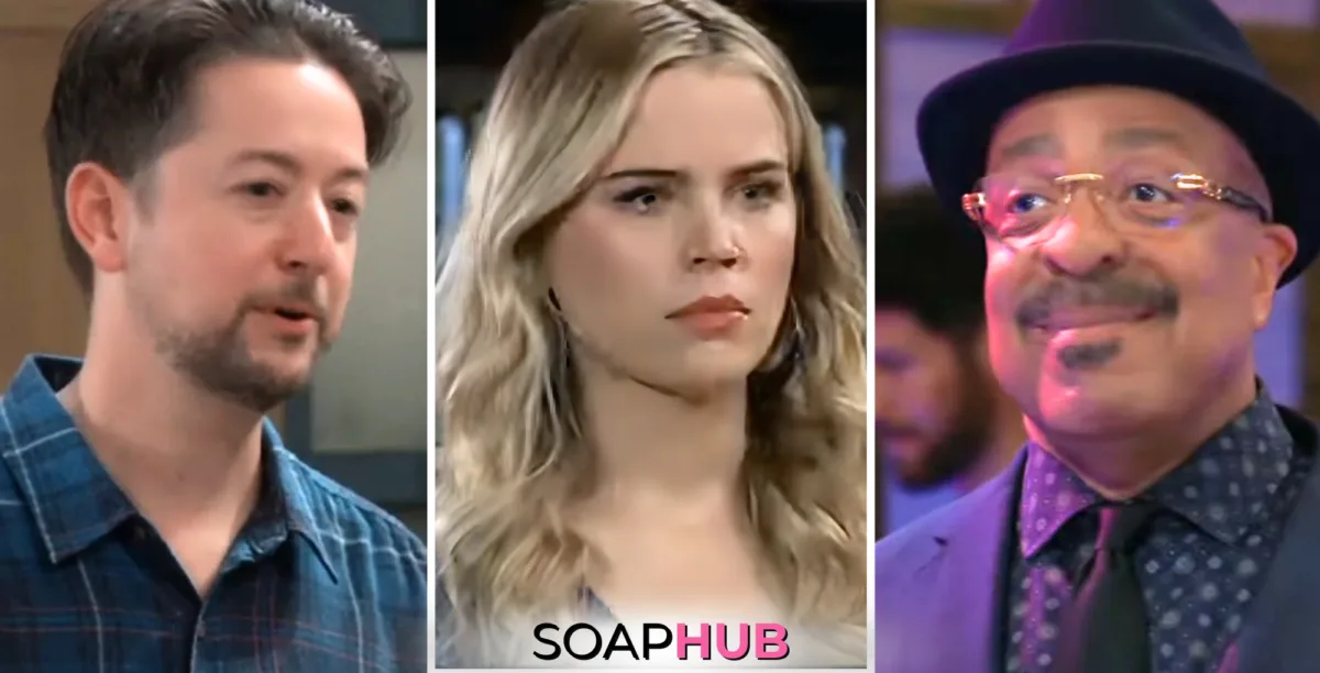 Spinelli, Sasha, and Marshall on General Hospital with the Soap Hub logo across the bottom.