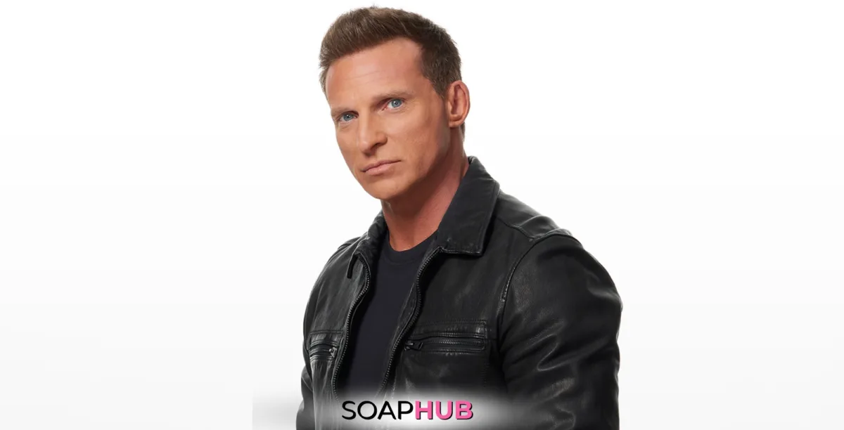 General Hospital's Steve Burton with Soap Hub logo.